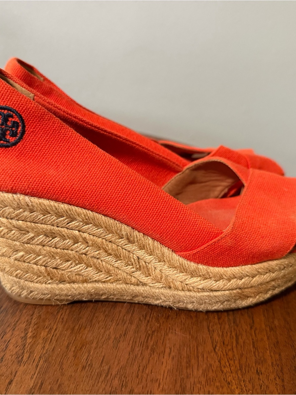Tory Burch Orange Canvas Espadrille Wedge with Logo